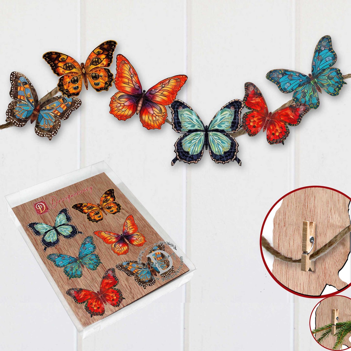 Summer Butterfly Clip-On Eco Wood Decorative Ornaments Set of 6 by G. Debrekht - Christmas Decor - 8090012-2C-S6