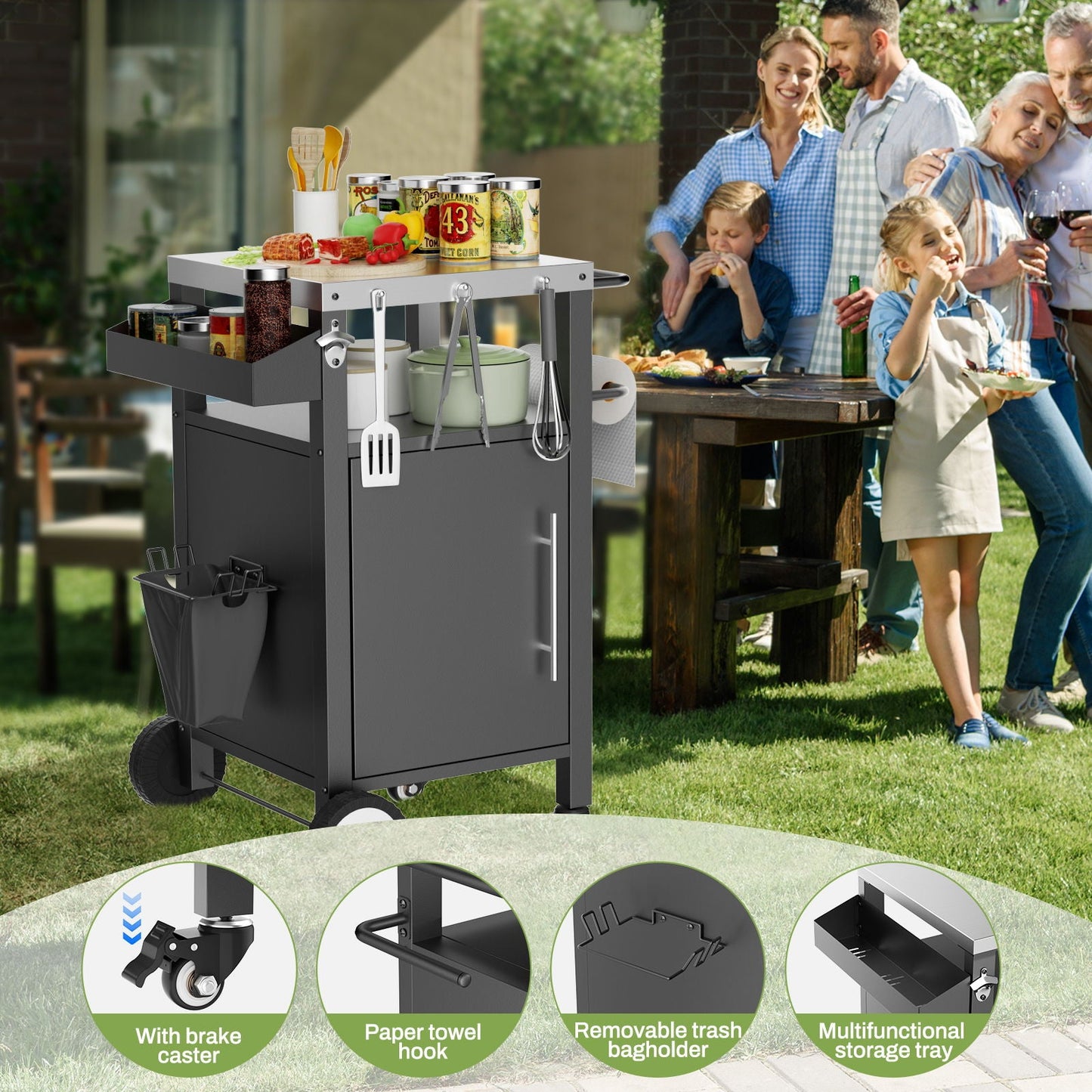 Outdoor Grill Cart With Storage, Rolling Bar Cart With Hooks And Spice Rack Stainless Steel