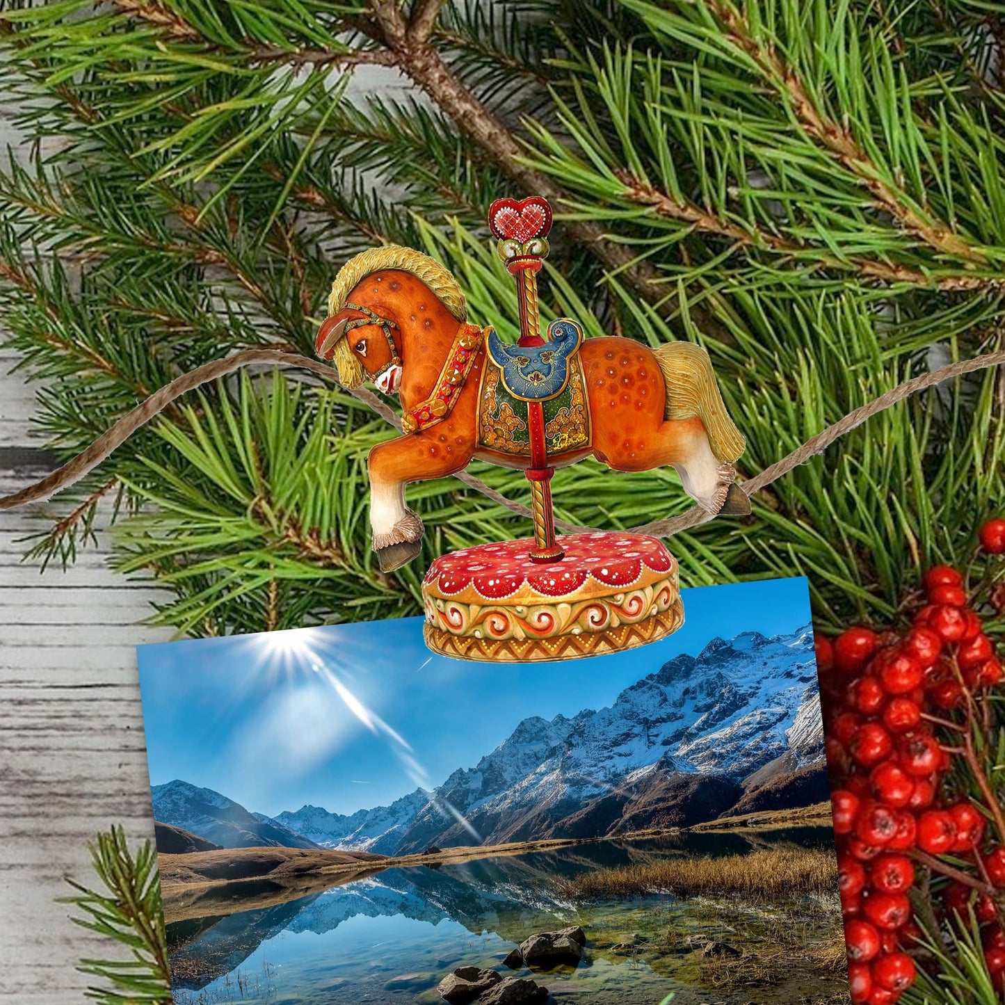 Carousel Clip-On Eco Wood Decorative Ornaments Set of 6 by G. Debrekht - Christmas Decor - 8090137C-S6