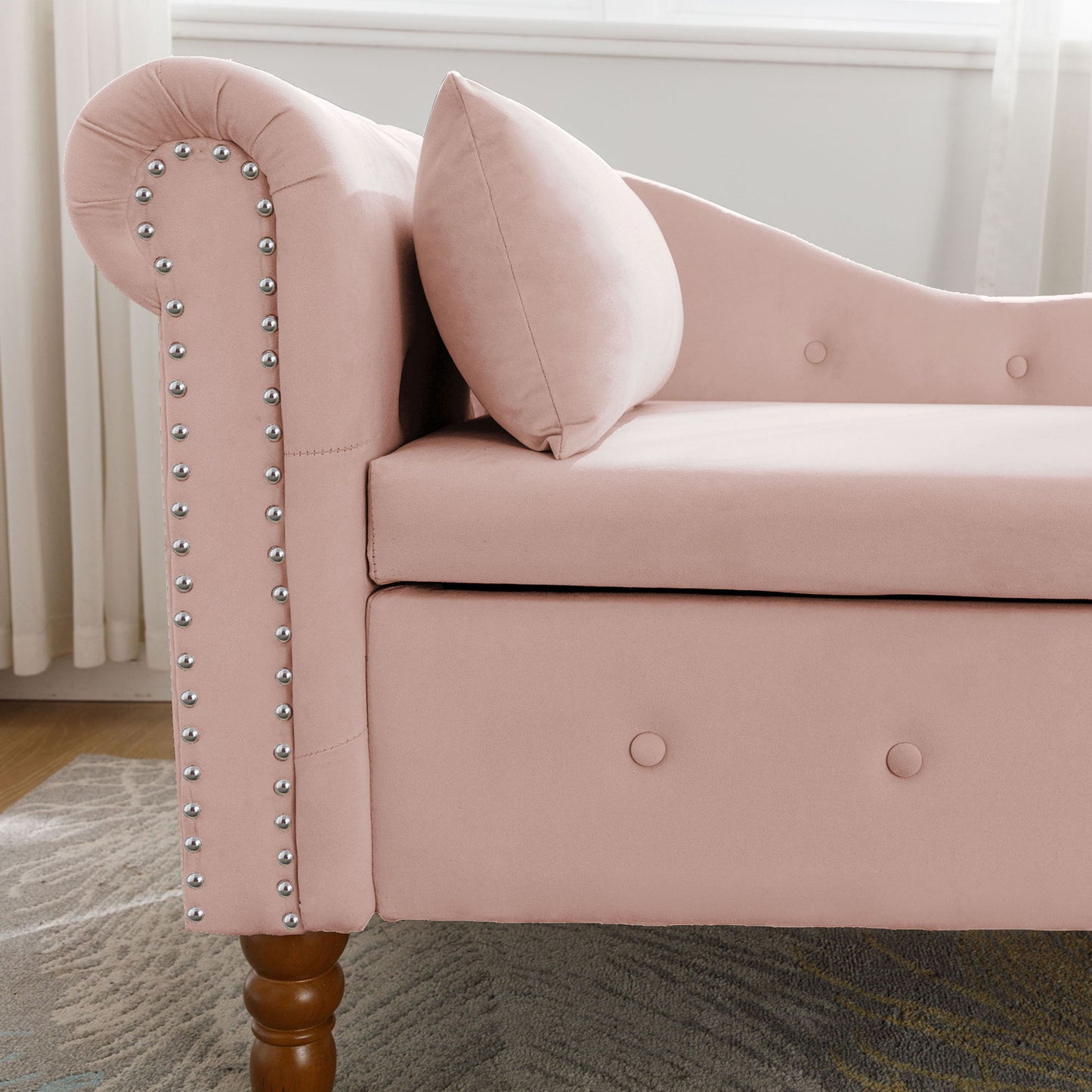 Chaise Lounge Indoor, Lounge Chair For Bedroom With Storage & Pillow, Modern Upholstered Rolled Arm Chase Lounge For Sleeping With Nailhead Trim For Living Room Bedroom Office