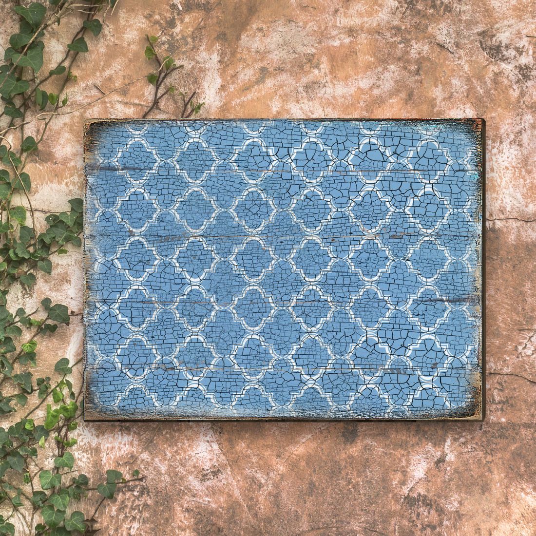 Graphic Blue Rustic Wooden Wall Art by G. DeBrekht - Floral Ornamental Decor - 95003B