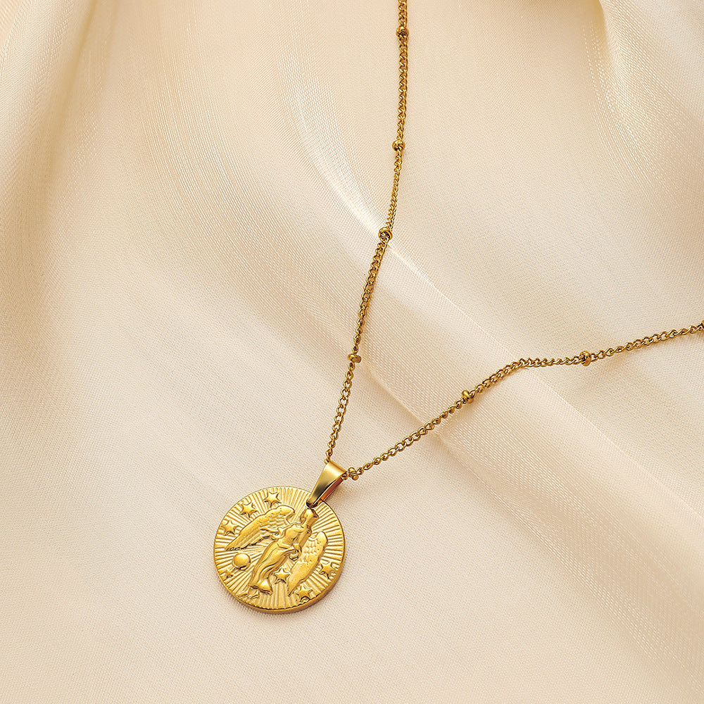 Stainless Steel Round Twelve Constellation Coin Relief Necklace