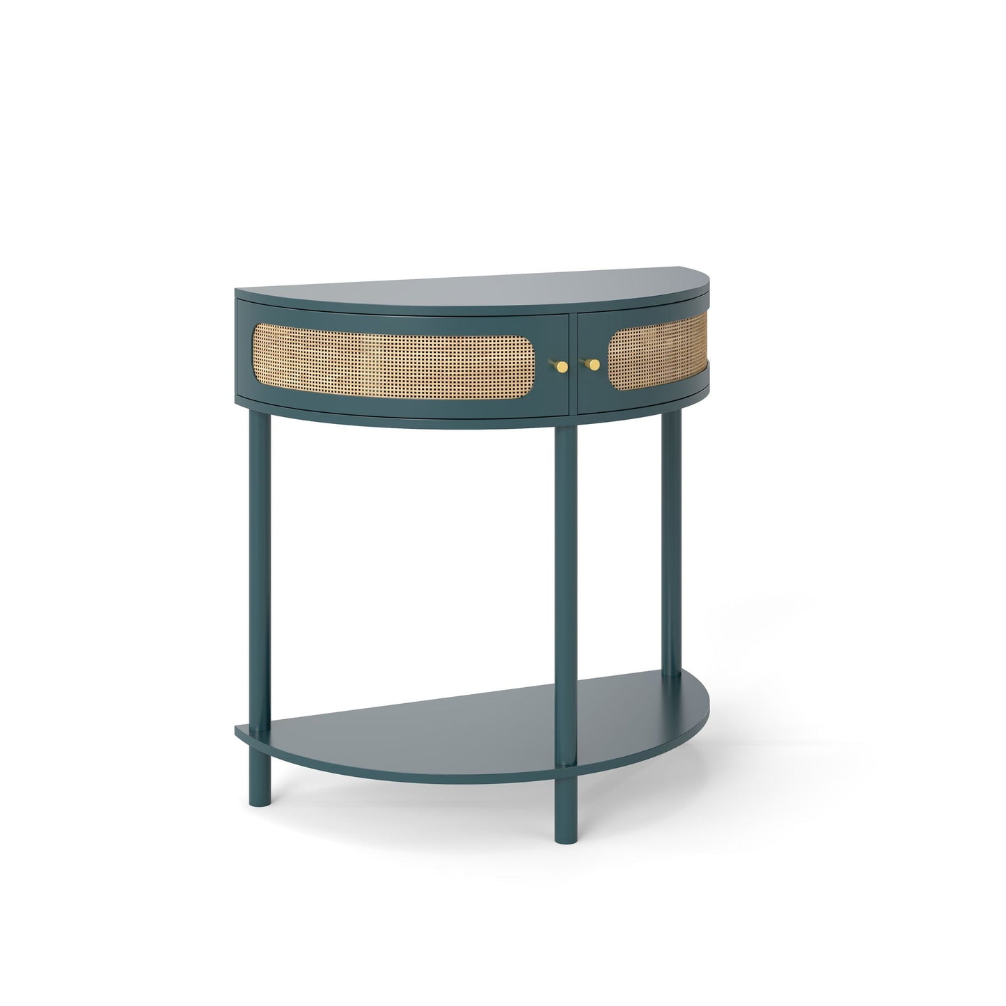 Boho Rattan Semi Circle End Table With Sliding Rattan Door, Storage And Bottom Shelf