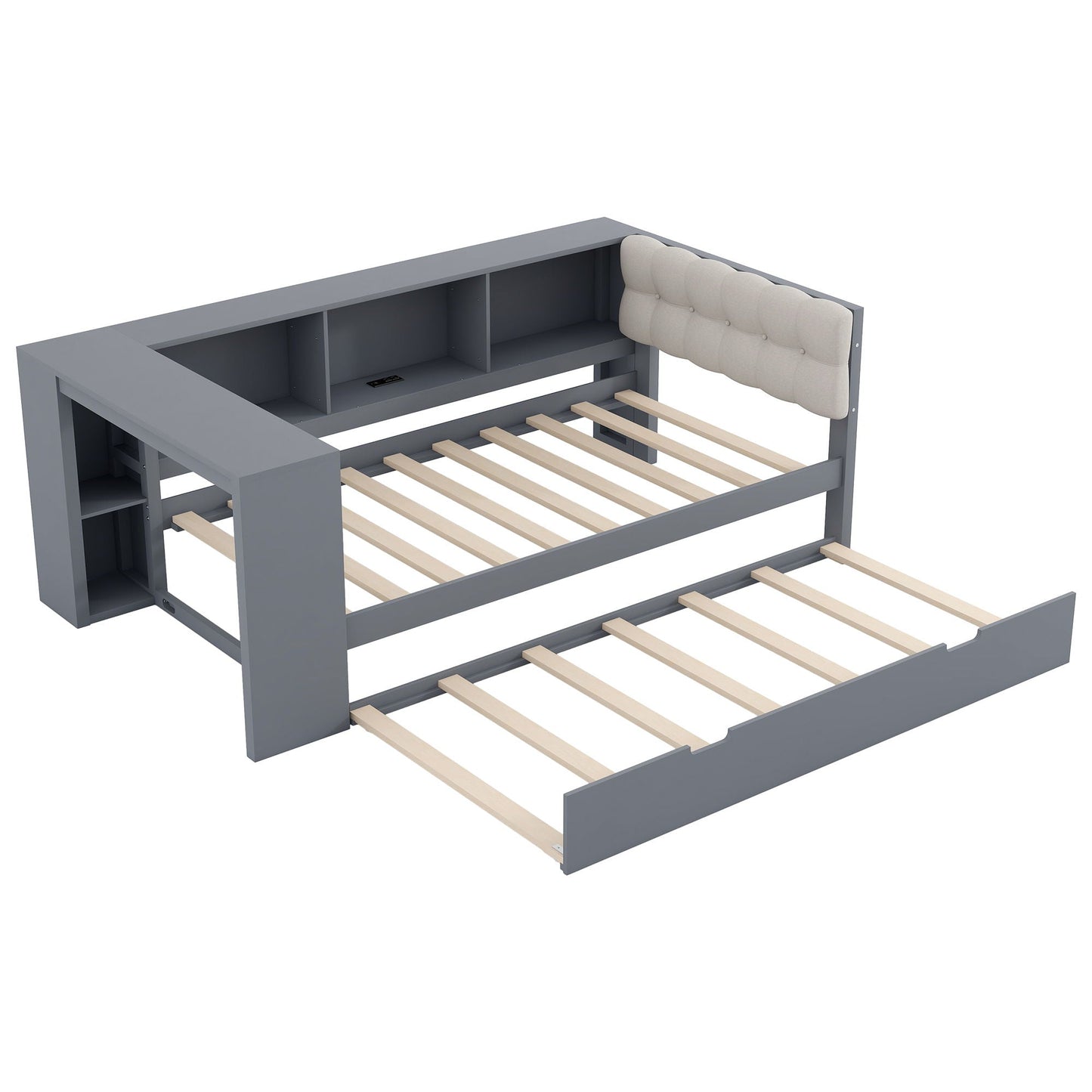 Upholstered Headboard Platform Bed with Storage Shelves, Trundle, and Charging Station