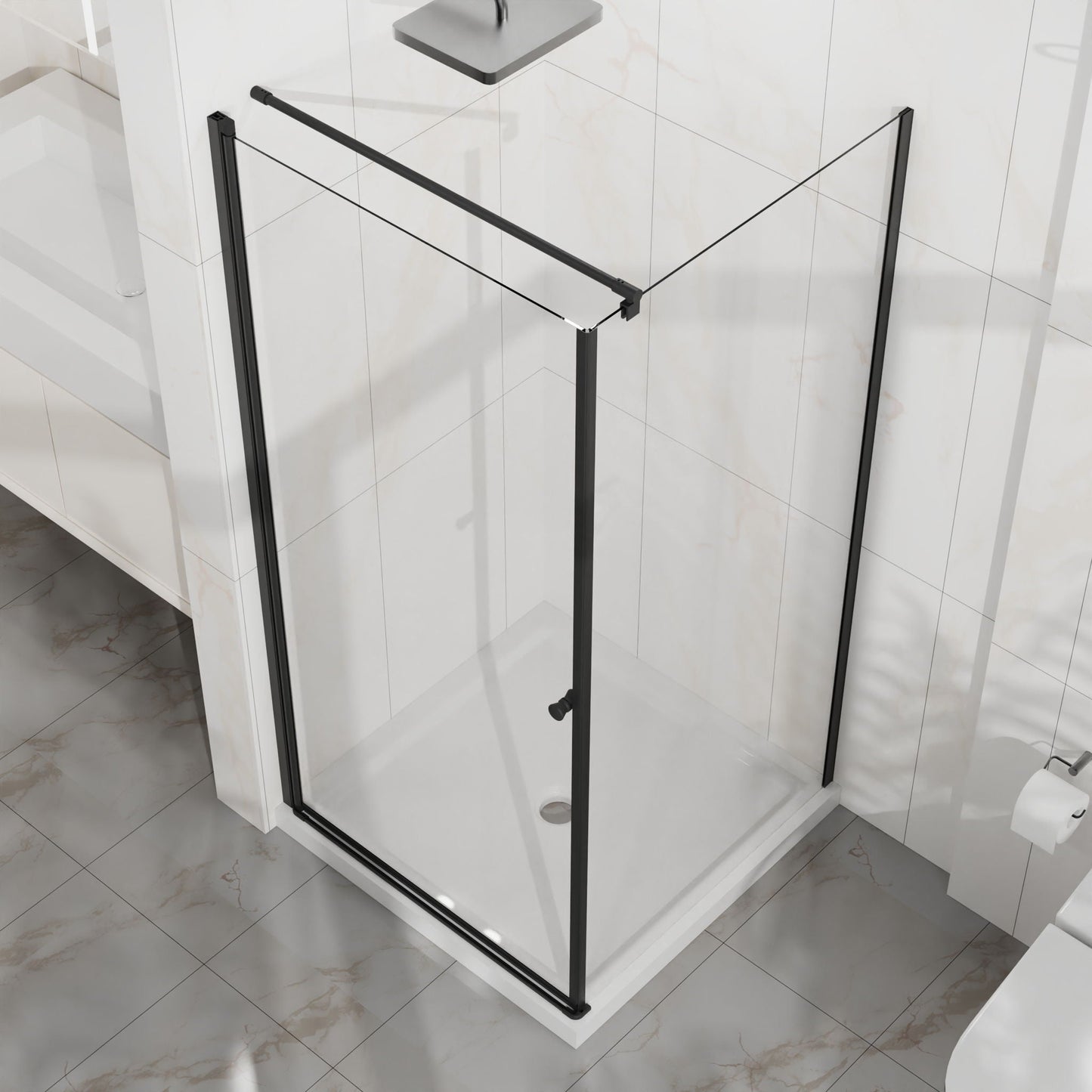 Corner Shower Enclosure, Frameless Pivot Door - Matte Black