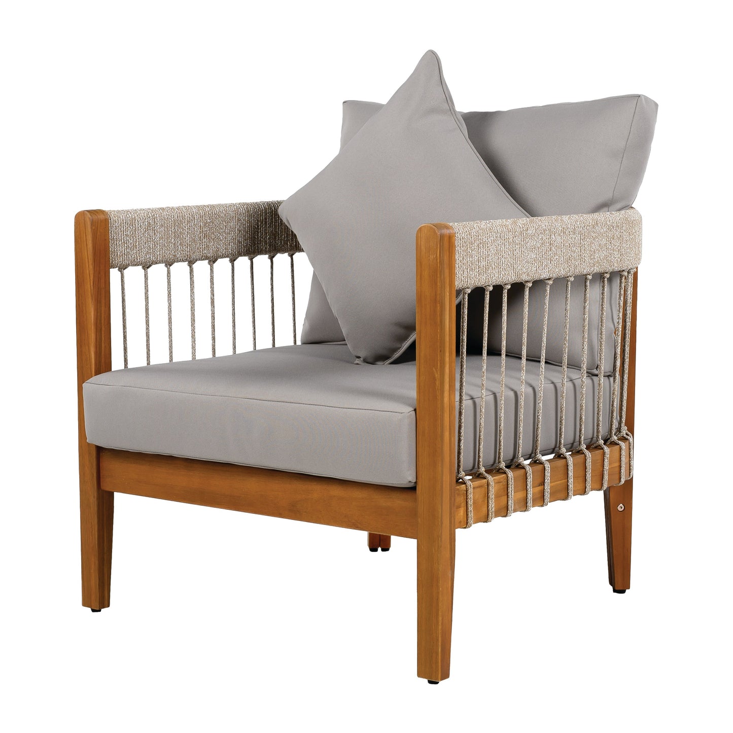 Acacia Wood Outdoor Club Chair with Handwoven Rope Accents & Curved Backrest