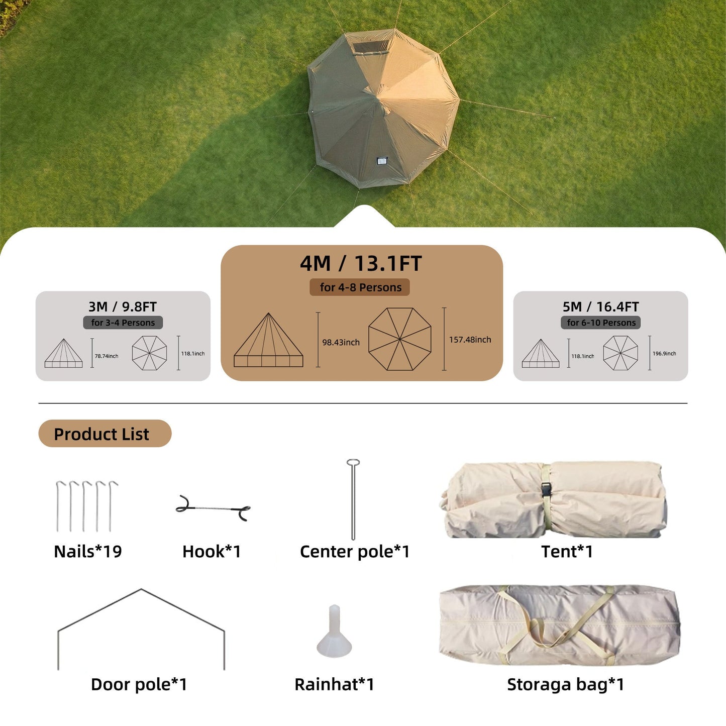 4 Season Bell Tent 13.1FT, Green Waterproof Glamping Yurt Tent