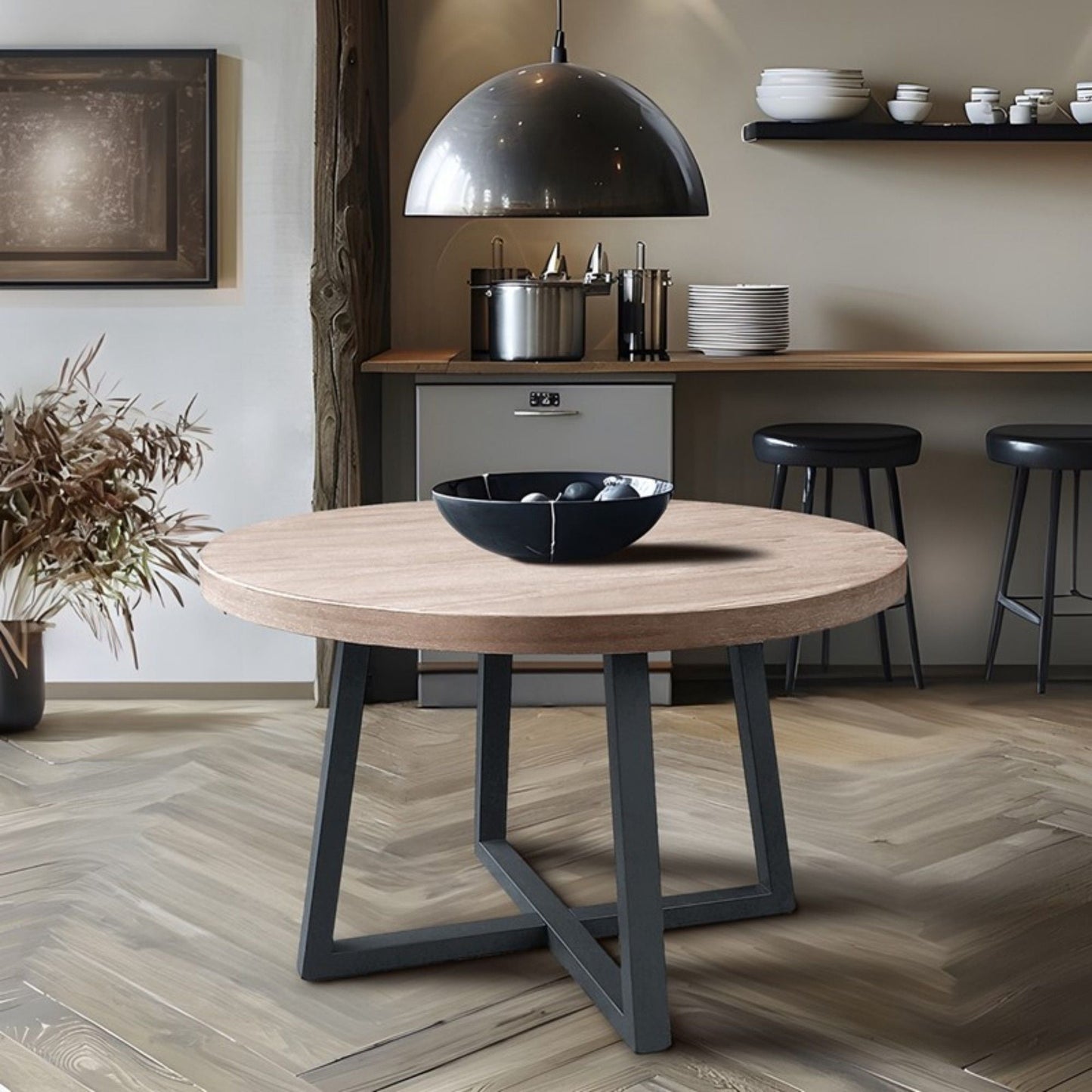 Round Dining Table With Wire Brushed Mindi Top And Mahogany Base - Wheat