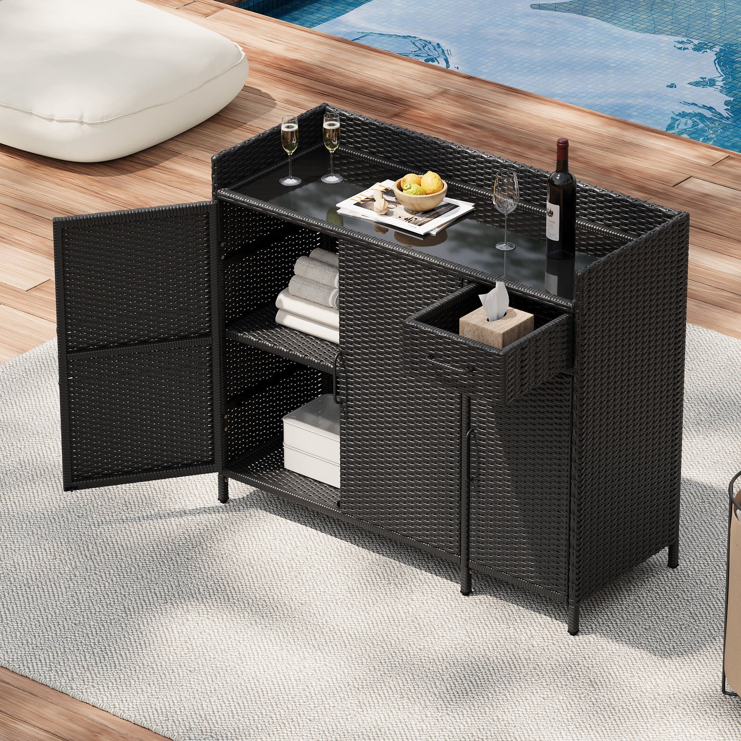 K&K 47.5"W Wicker Outdoor Storage Cabinet with Tempered Glass Top
