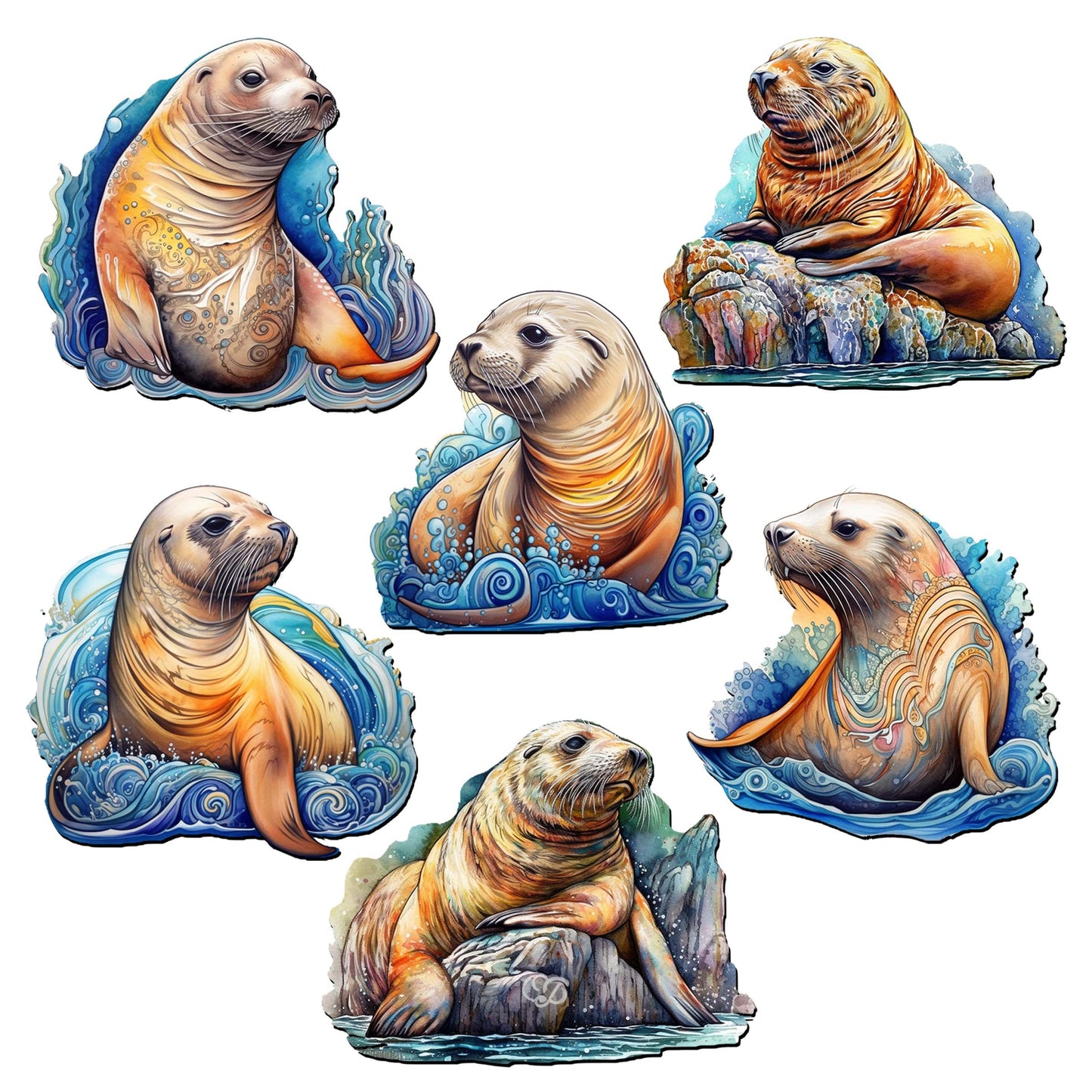 Coastal Sea Lions Clip-On Eco Wood Decorative Ornaments Set of 6 by G. Debrekht - Wildlife Decor - 8090127C-S6