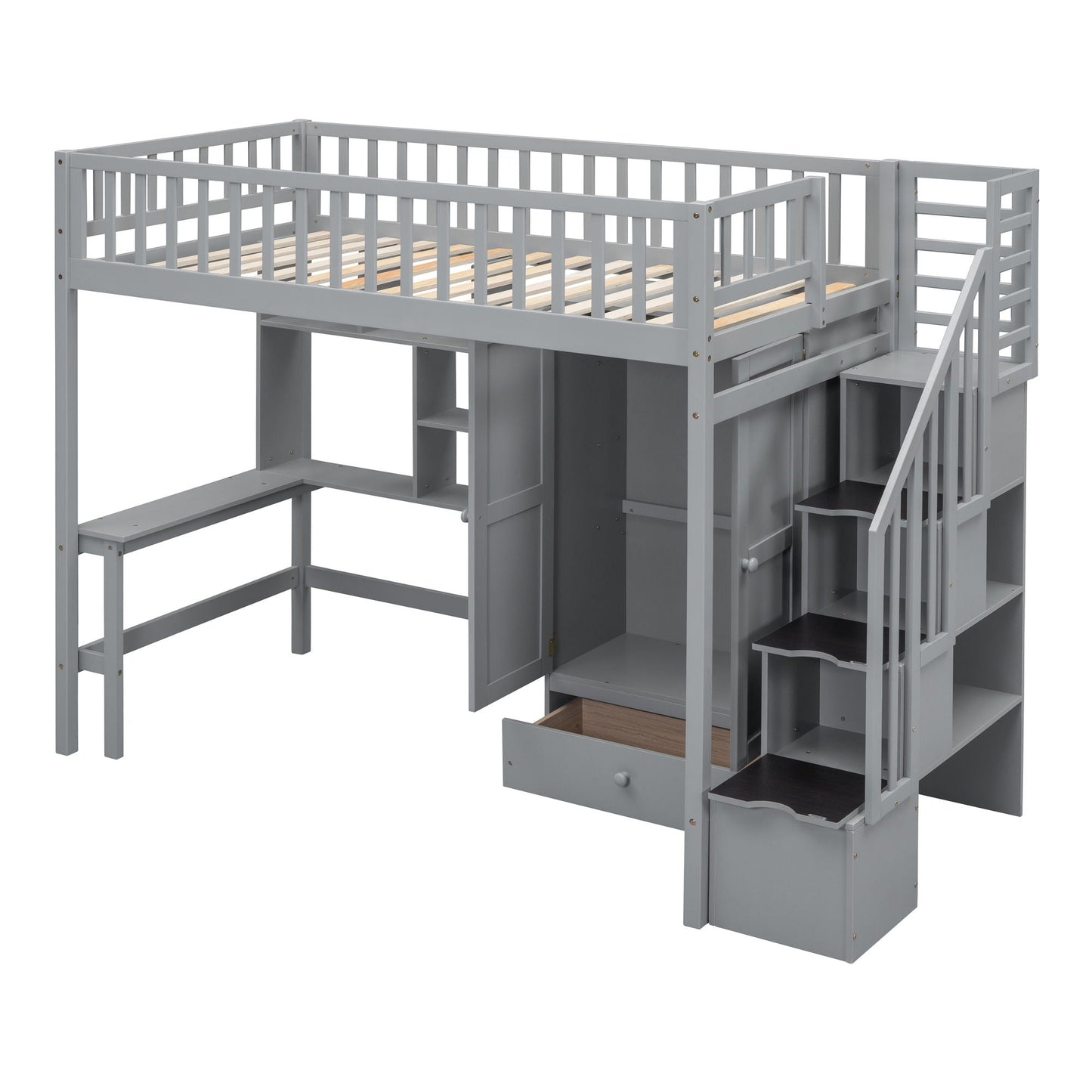 Loft Bed With Bookshelf, Drawers, Desk, And Wardrobe