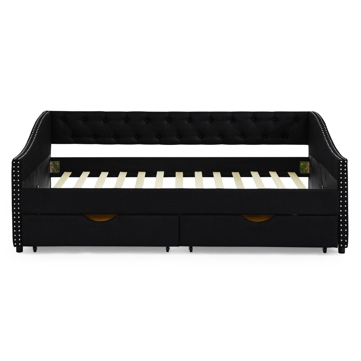 Upholstered Tufted Daybed With 2 Drawers, Waved Arms