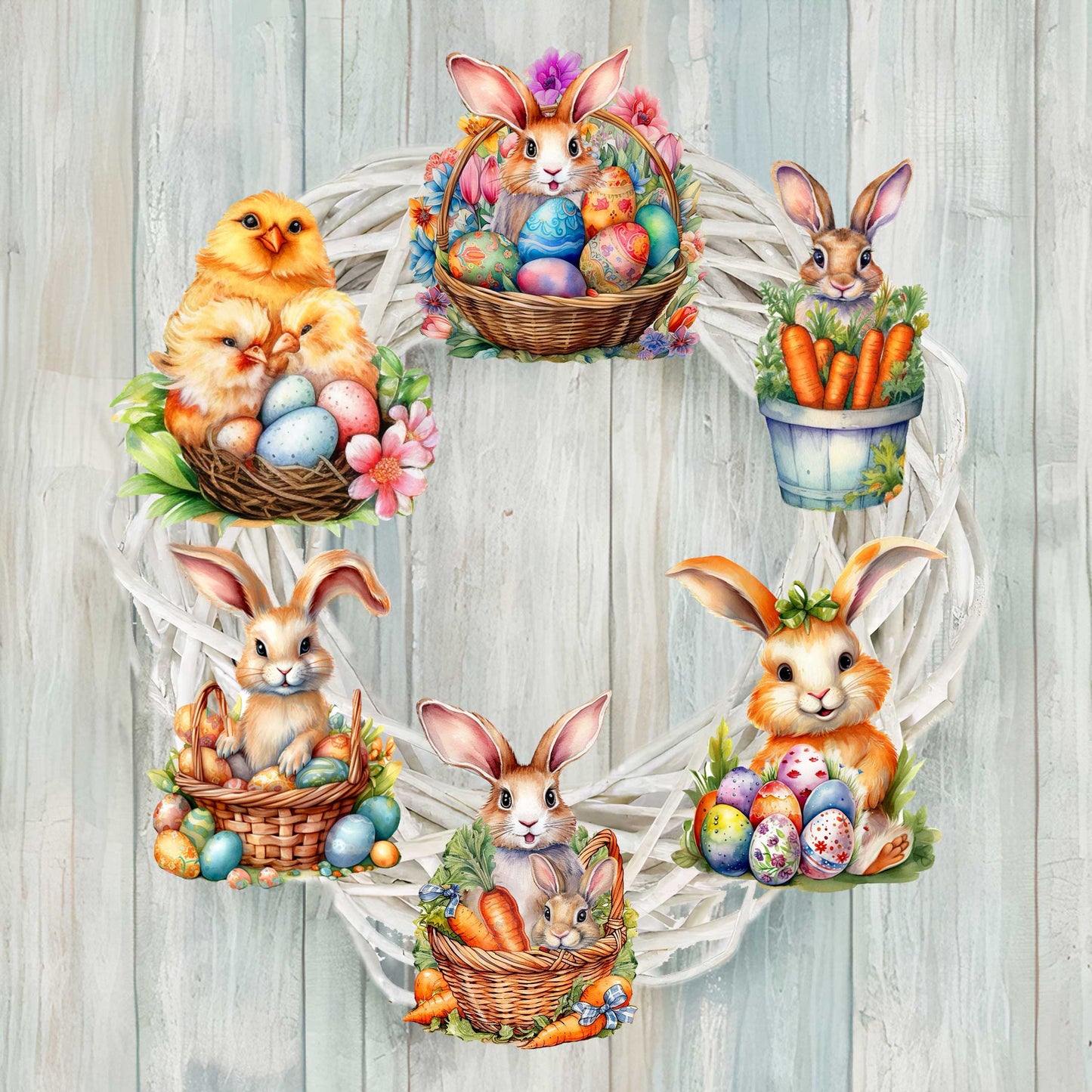 Eggs and Bunnies Clip-On Eco Wood Decorative Ornaments Set of 6 by G. Debrekht - Easter Decor - 8090057C-S6