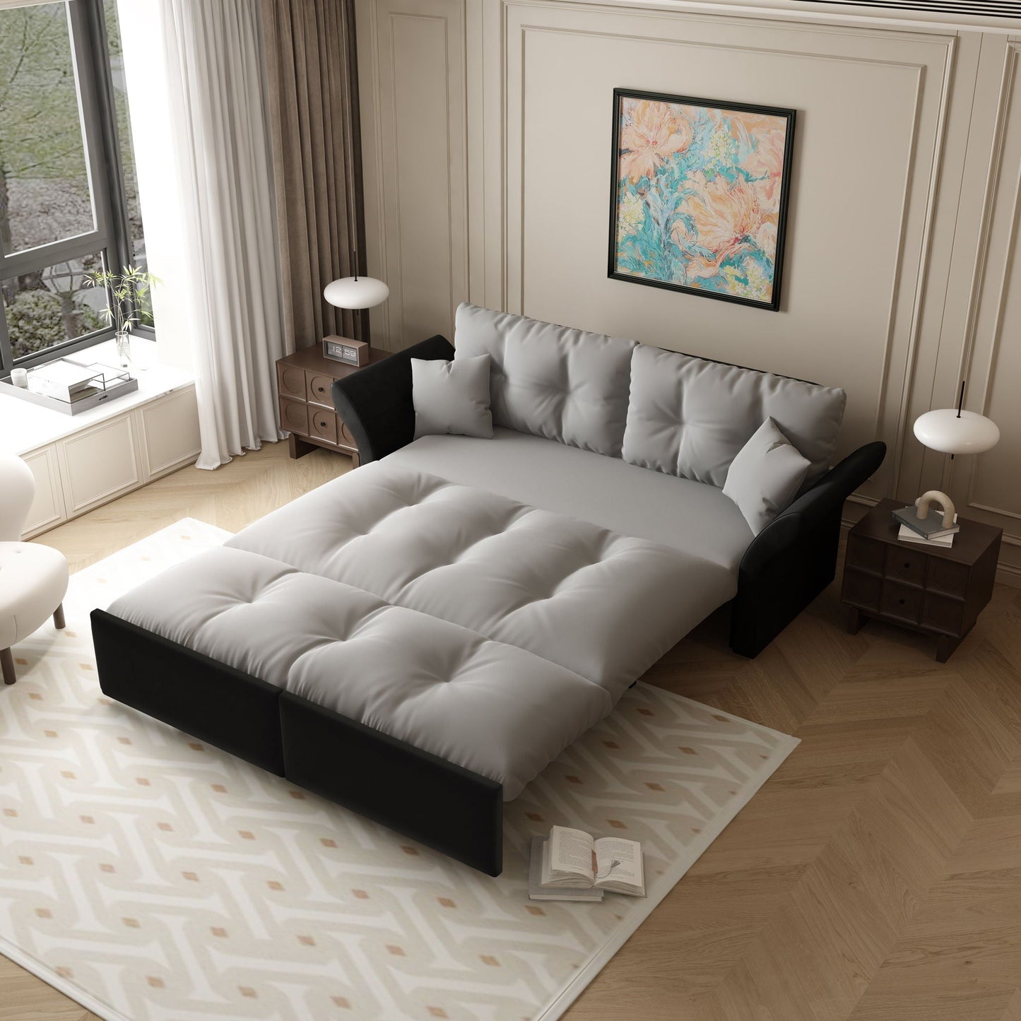 Queen Pull Out, 3 In 1 Convertible Sleeper Tufted Sofa & 2 Soft Pillows