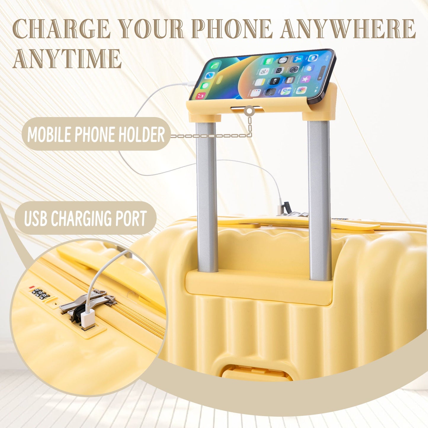 20" / 24" / 28" 3 Pieces / Set Spinner Wheel Luggage, Carry On Suitcase, With Cup Holder & USB Port & Phone Holder