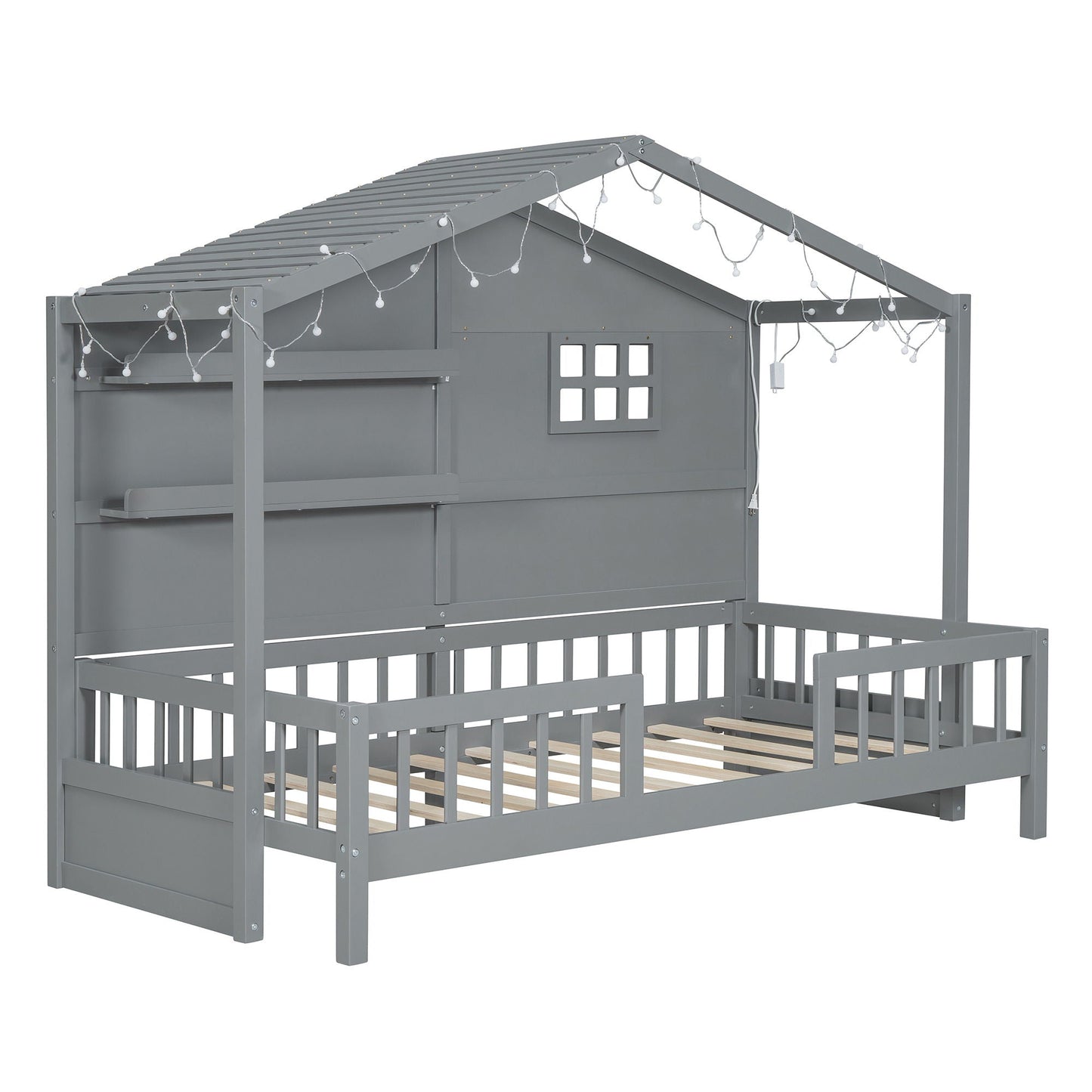 House Bed With Shelves, Window And Sparkling Light Strip On The Roof