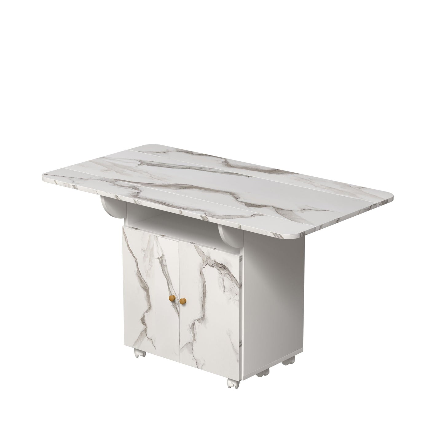 Versatile Marble Folding Dining Table With Storage Rack And Cabinet, 6 Wheels - White