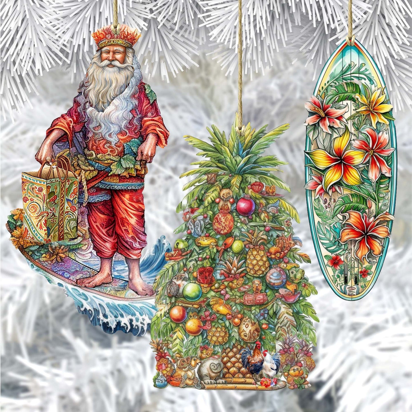 Santas Around the World - Hawaiian Inspired Santa - Eco Wood Ornaments Set of 3 by G. DeBrekht Christmas Santa Snowman Decor - 8091313S3