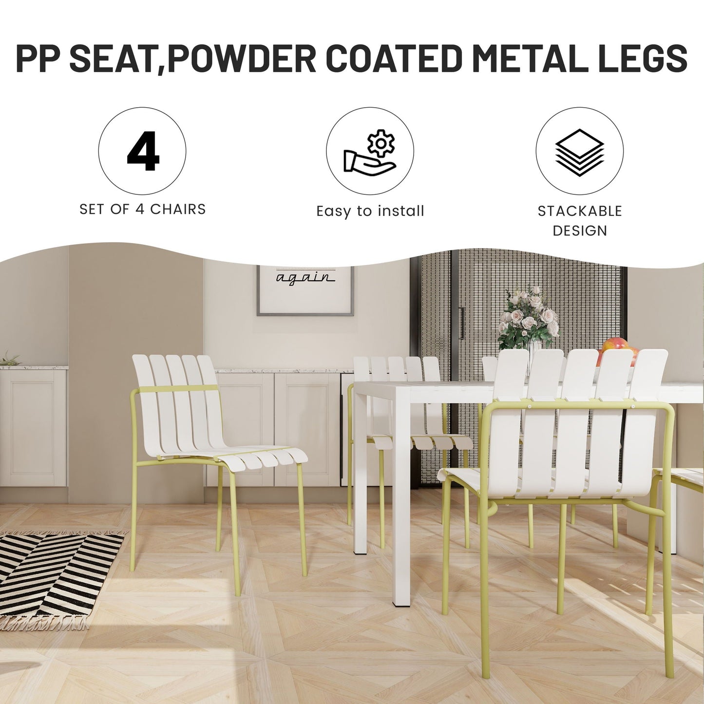 4 Piece Set Of Modern Color Block Designed Single Chairs With Long Table