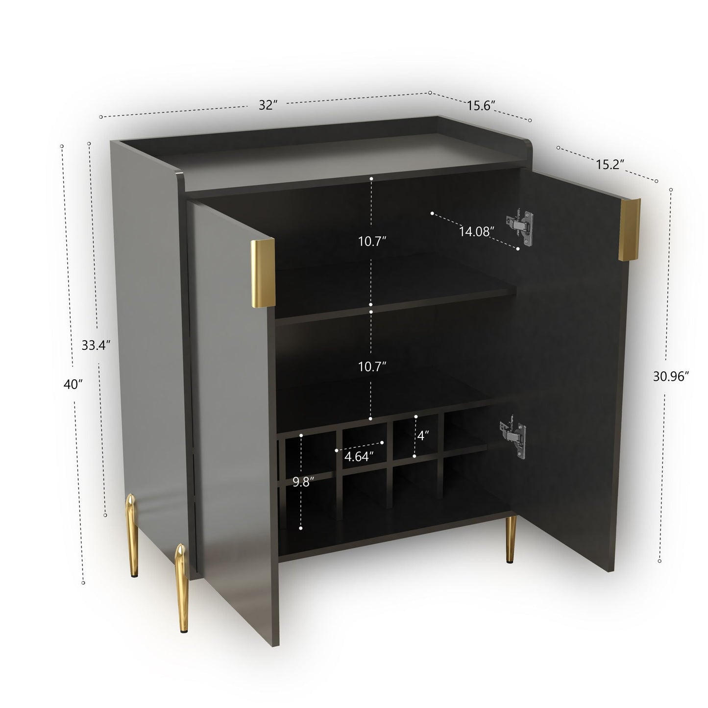 Wine Bar Cabinet With Adjustable Shelf, 2 Door Sideboard With Soft-Closing Hinges And Feet