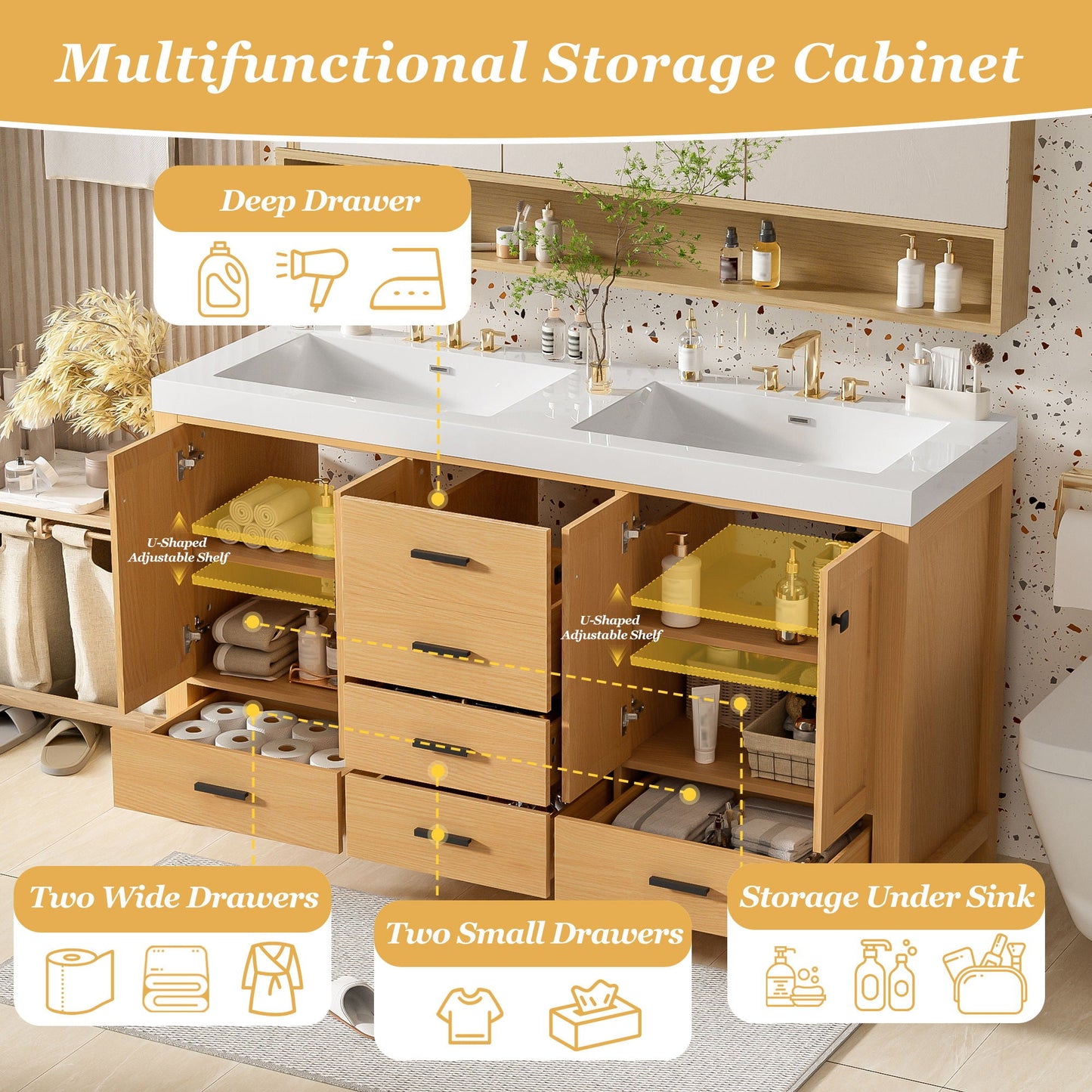 Bathroom Vanity With Double Sink, Soft Close Doors & Drawers Handles - Wood