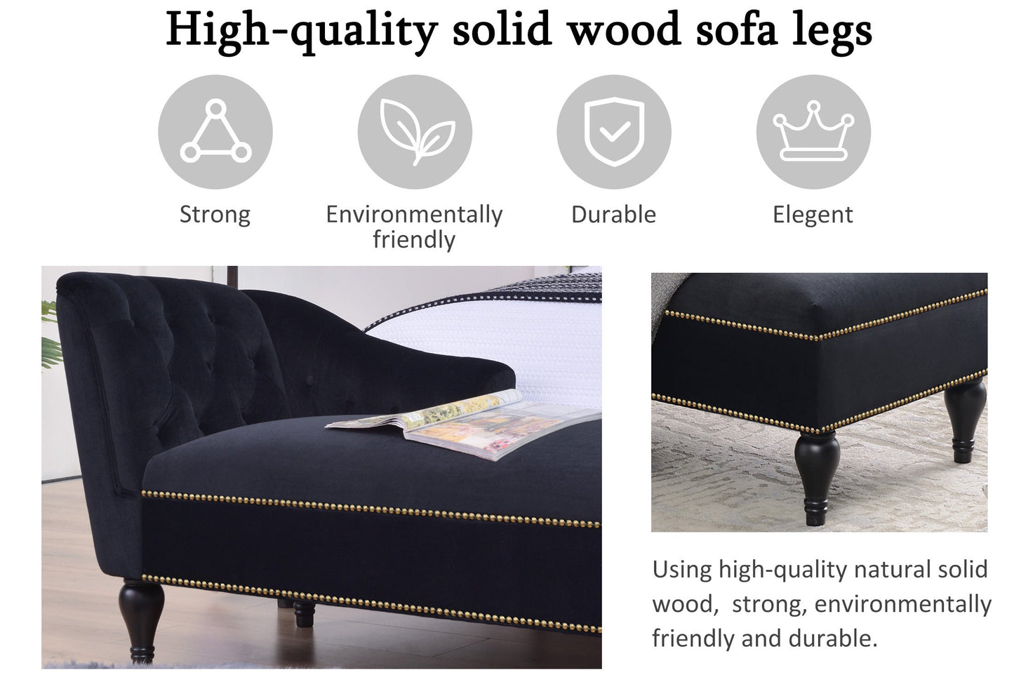 58" Velvet Chaise Lounge with Nailhead Trim and Solid Wood Legs