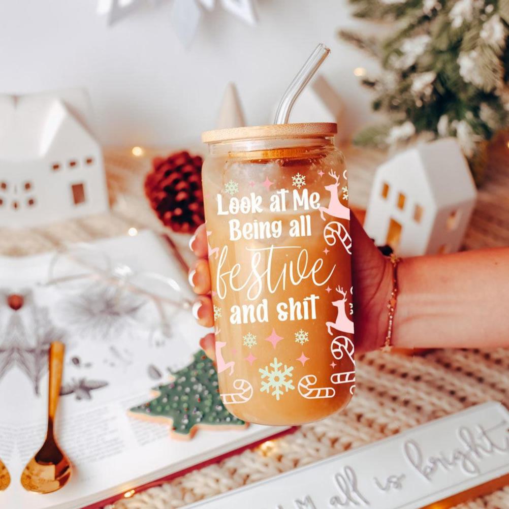 Festive 17oz Holiday Travel Mug Pastel Reindeer Snowflake Candy Cane Cup