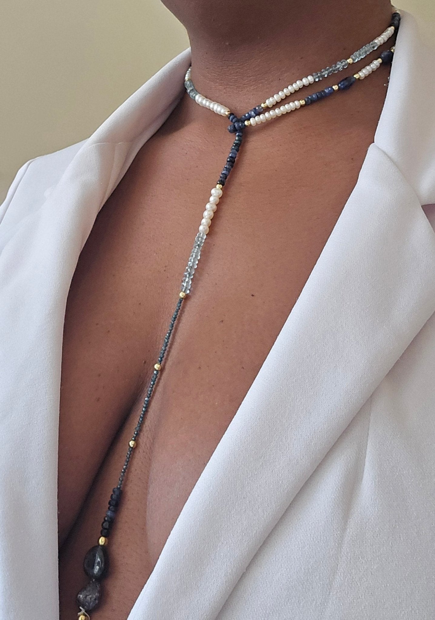 "Fifty Shades of Blue"| Sapphire, Blue Topaz, Blue diamonds Freshwater Pearl Lariat Necklace
