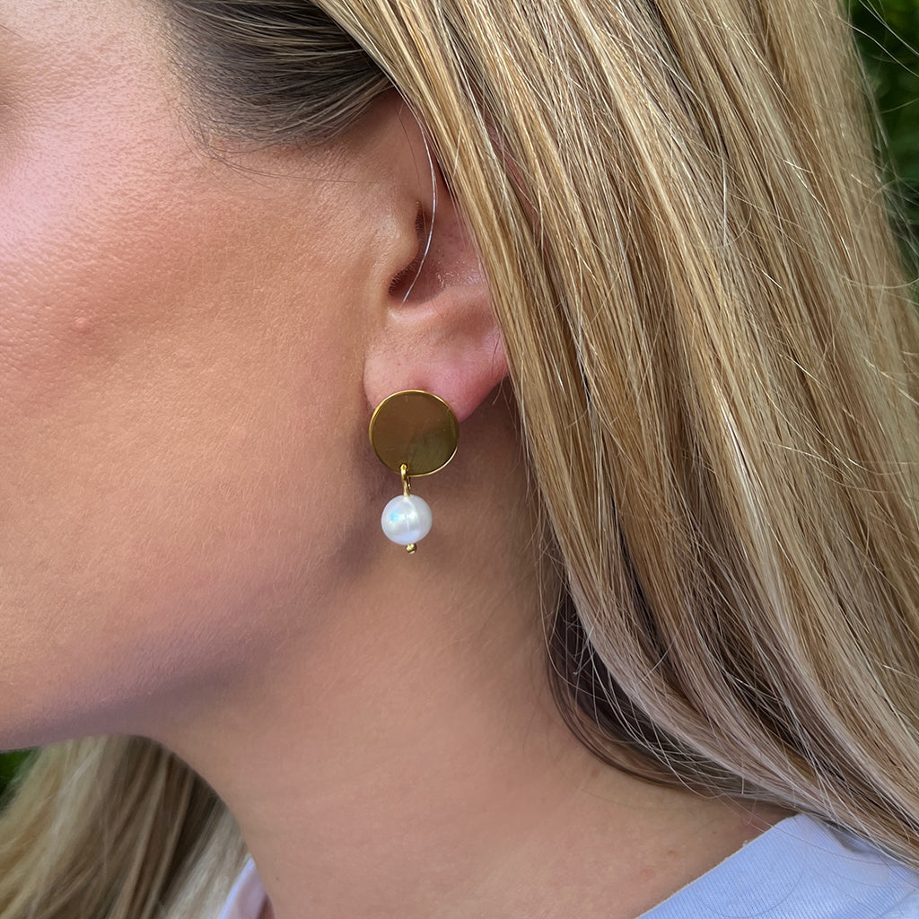 Freshwater Pearl Disc Earrings Recycled Shell Gold Plated Minimalist 1920s