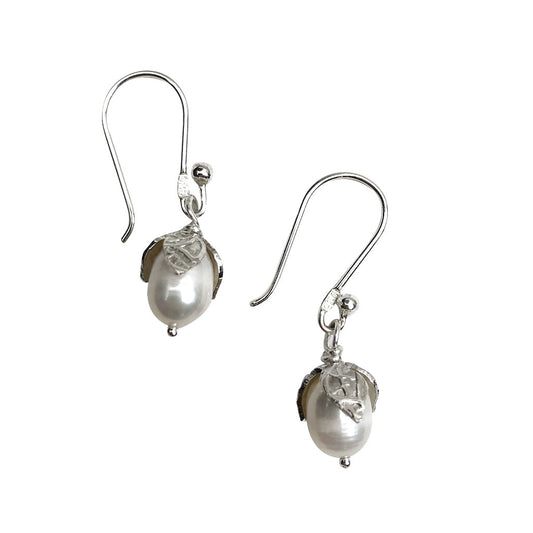Freshwater Pearl Teardrop Earrings Sterling Silver Leaf Detail 1.5in Handmade