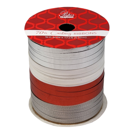 1/8 Inch Curling Ribbon - 4 Colors - 17.5 Feet Each - Silver/Red/White