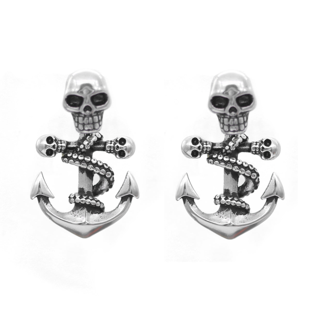 Gothic Skull Anchor Earrings Silver Nautical Punk Studs