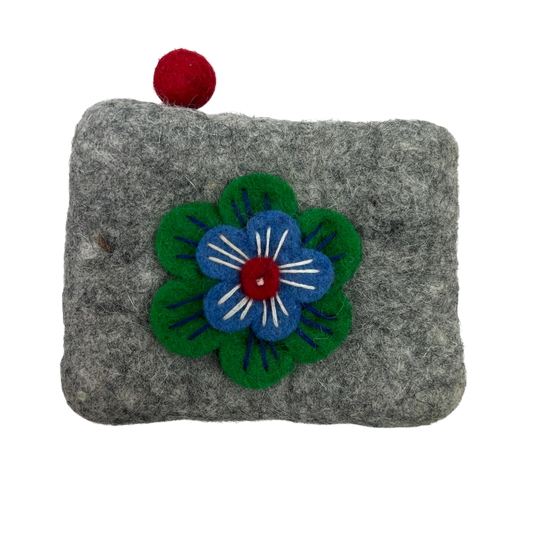 Felt Wool Gray Coin Purse with Flower Applique