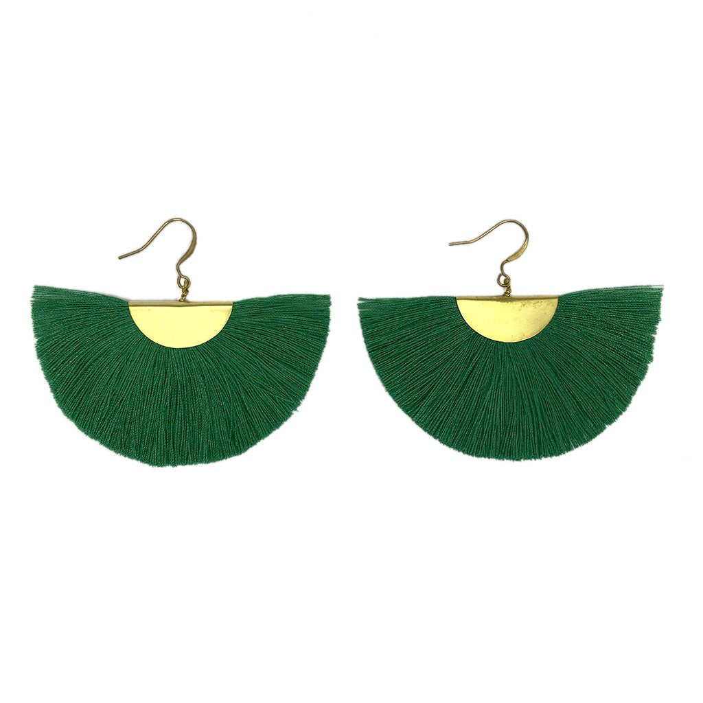 Half Moon Fan Tassel Earrings Boho Cotton Brass Lightweight Fringe Drop 3in