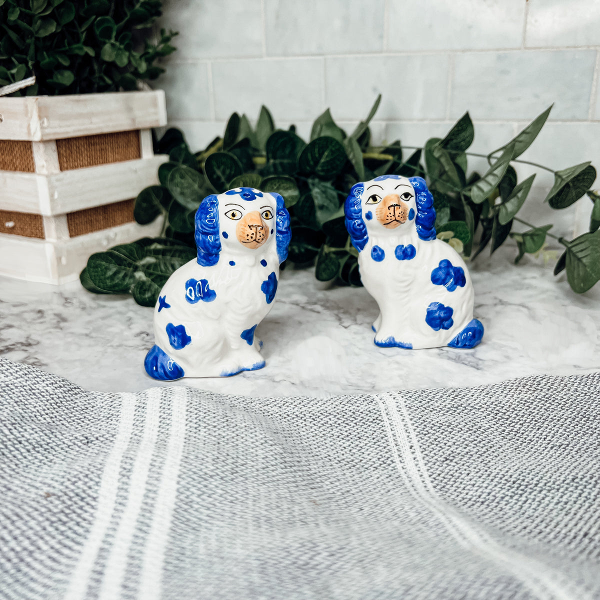 Staffordshire Dog Salt And Pepper Shakers Ceramic Hand-Painted Blue White