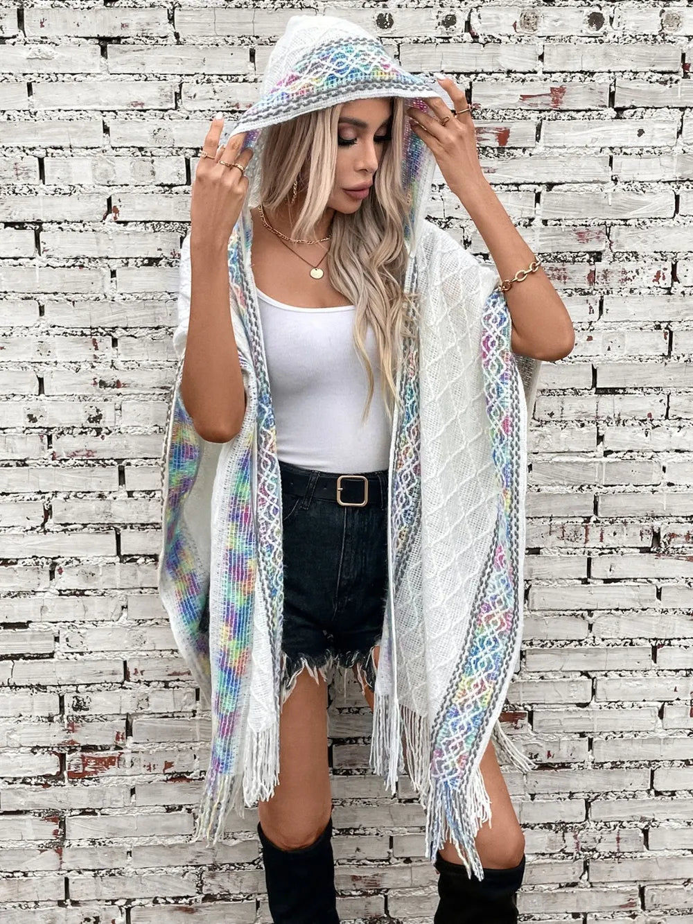 Hooded tassel cloak sweater shawl women's coat