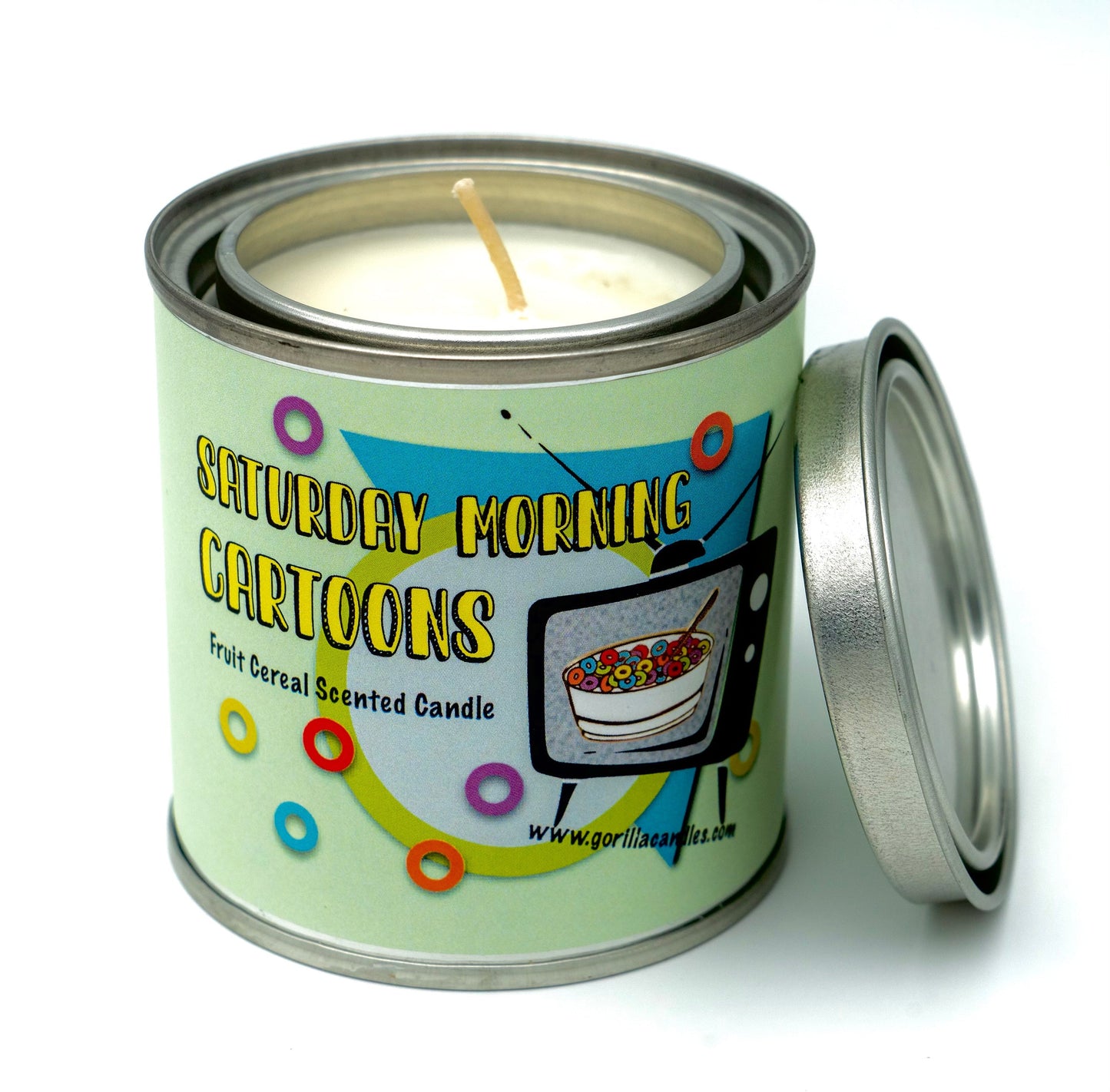 Saturday Morning Cartoons Fruit Cereal Soy Wax Candle 8Oz Retro Fruity Scent Paint Can With Lid