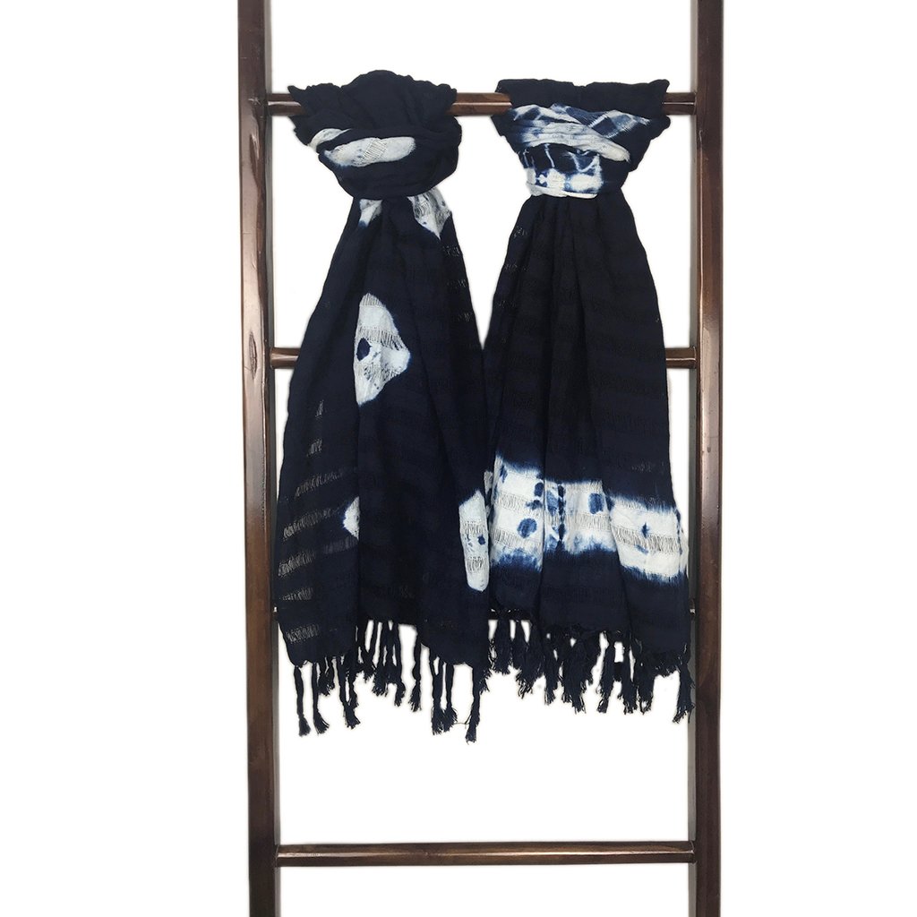 Indigo Cotton Stripe Scarf Oversized Lightweight Hand-Dyed Travel Wrap 25x59
