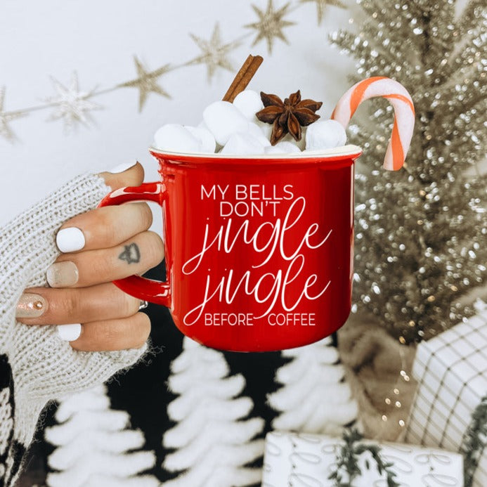 Jingle Jingle Ceramic Campfire Mug 14.5oz Red Or Green, Double Sided White Lettering, Microwave Safe