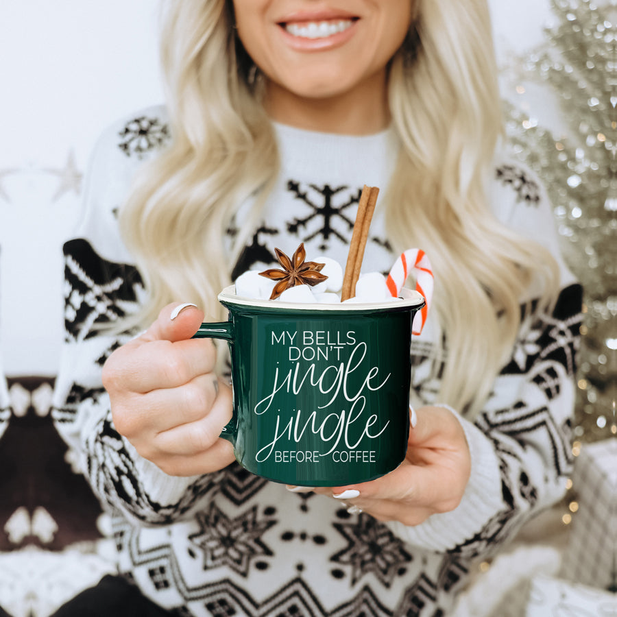 Jingle Jingle Ceramic Campfire Mug 14.5oz Red Or Green, Double Sided White Lettering, Microwave Safe