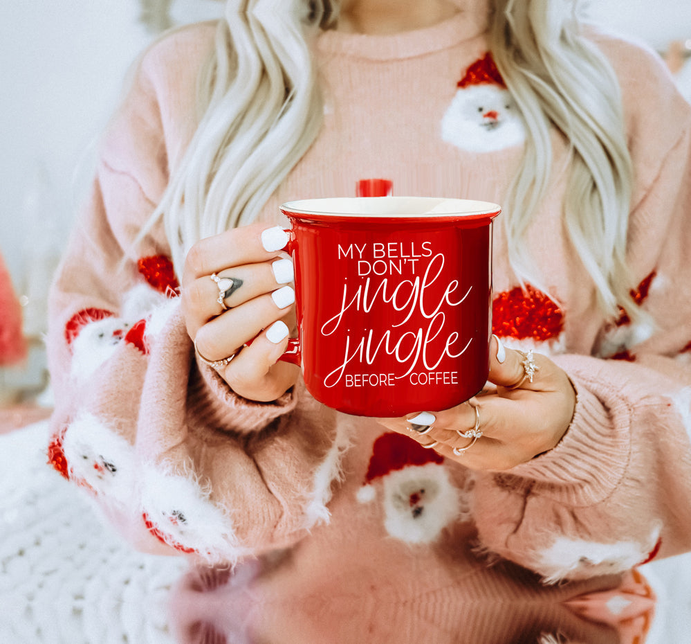 Jingle Jingle Ceramic Campfire Mug 14.5oz Red Or Green, Double Sided White Lettering, Microwave Safe