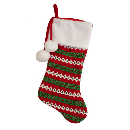 Red and Green Chenille Knit Christmas Stocking with White Cuff