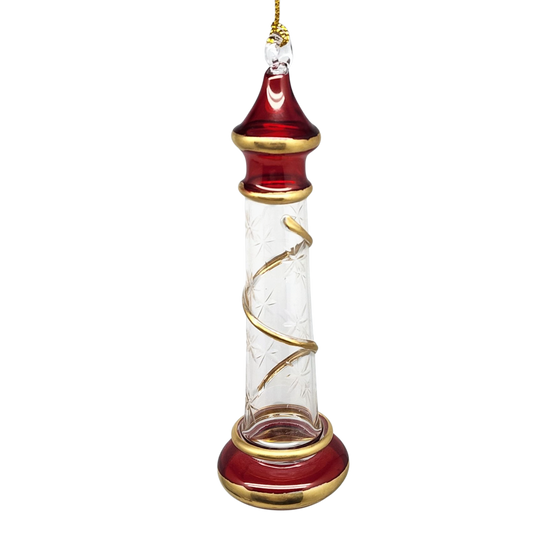 Glass Lighthouse Ornament With Gold Accent - Red