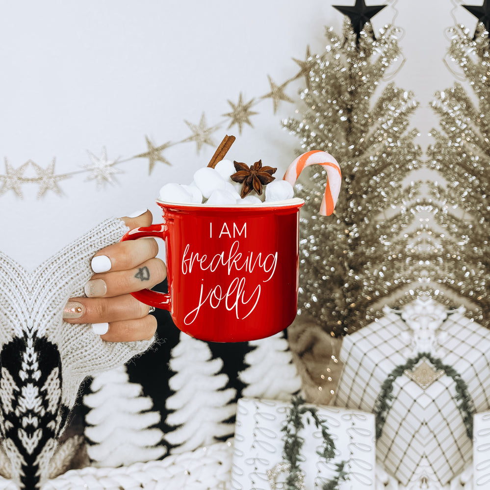 Freaking Jolly Ceramic Campfire Mug 14.5oz Red Or Green Double-Sided White Lettering Microwave Safe