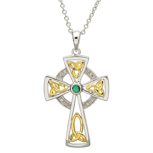 Trinity Knot Diamond And Emerald Silver Celtic Cross Pendant