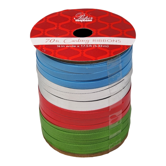 1/8 Inch Curling Ribbon - 4 Colors - 17.5 Feet Each - Blue/Silver/Red/Green