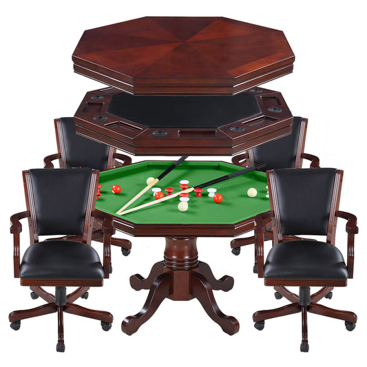 *PRE ORDER* 48-in Poker Table, Bumper Pool Combo Set with 4 Arm Chairs - Dark Wood Finish