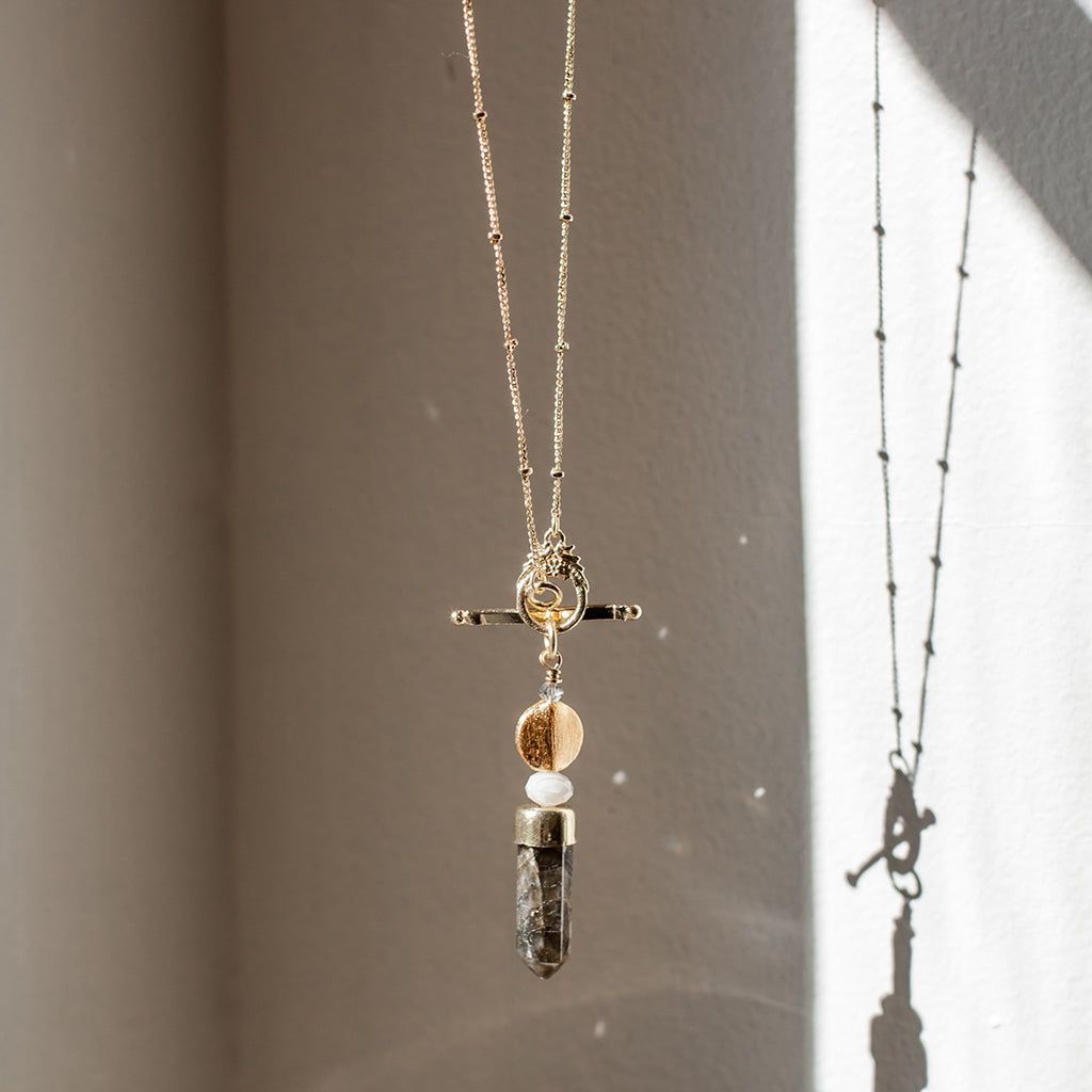 Labradorite Lariat Necklace Large Pendant Satellite Chain Bar Circle Closure