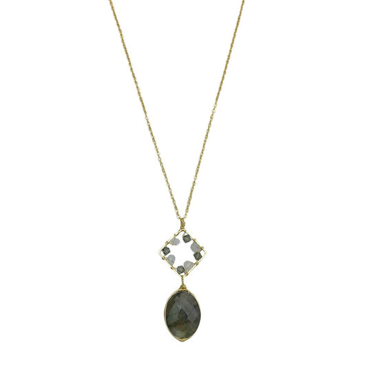 Labradorite Pendant Necklace Brass Wire Wrap Glass Beads Minimal Healing Aura
