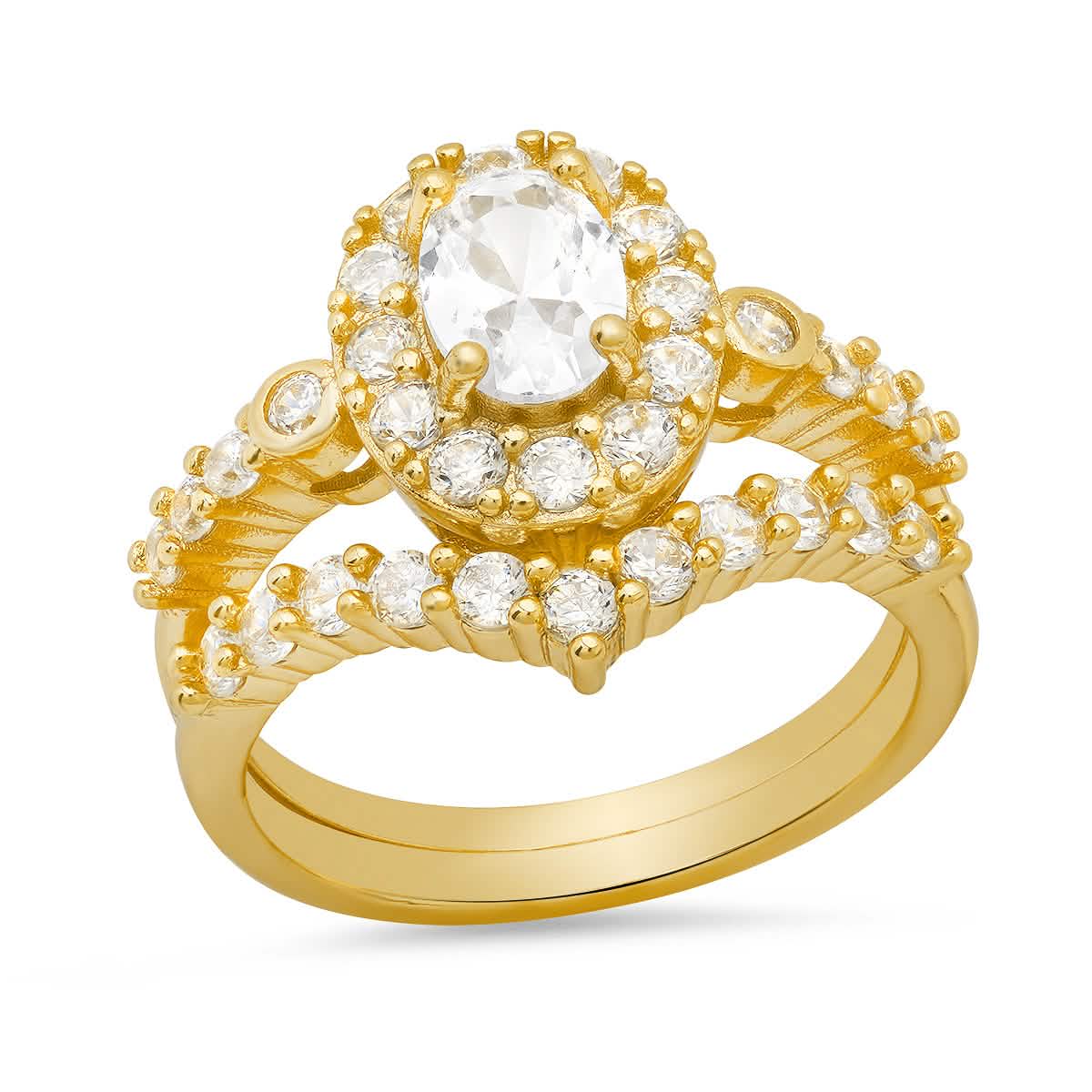 Ladies 18k Gold Plated Brass And Simulated Engagement/band Ring Set